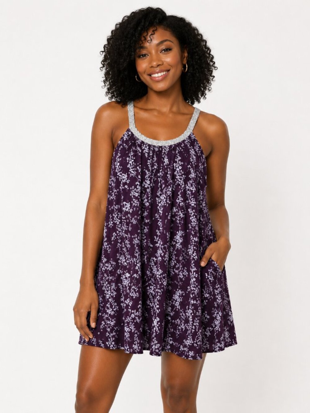 Purple Floral Halter Mini Dress Metallic Trim/Boho Brunch Cottagecore